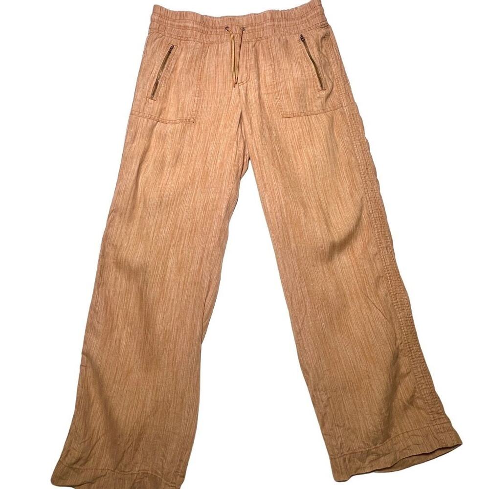 Brown Tan 100% Linen Wide Leg Pants Athleta Cabo Beach Coastal Cowboy Sz 12 Wmns